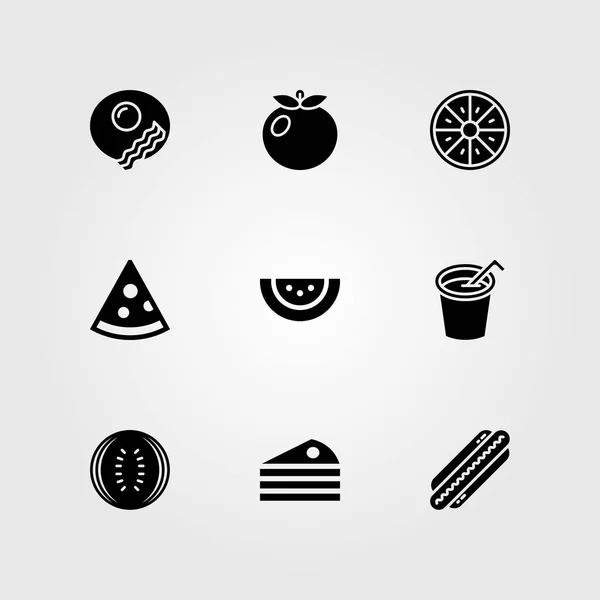 Alimentos y bebidas vector icono conjunto. tarta, sandía, tomate y naranja — Vector de stock