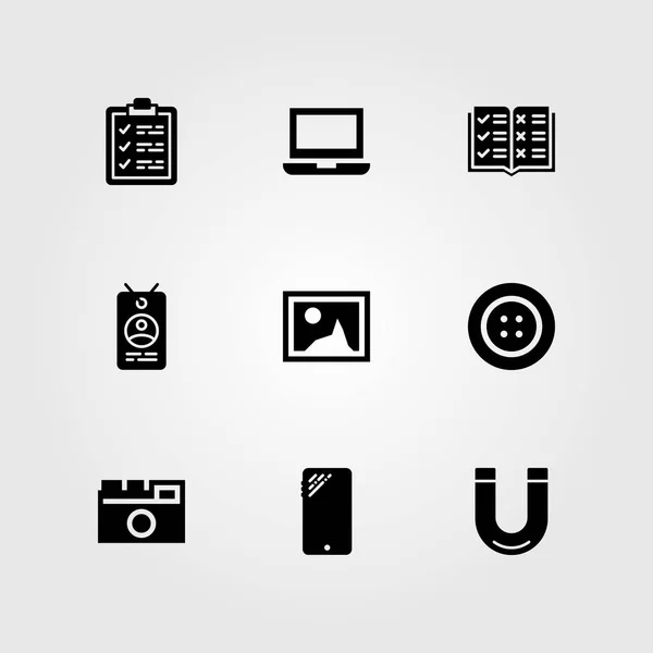 Essentials διάνυσμα σύνολο εικονιδίων. Πρόχειρο, κουμπί, ανοιχτό βιβλίο και εικόνα — Διανυσματικό Αρχείο