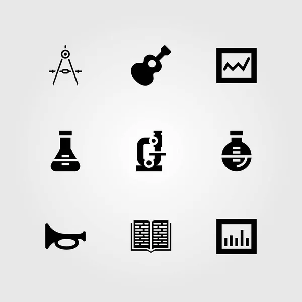 Set di icone vettoriali educative. analisi, fiaschetta, tromba e microscopio — Vettoriale Stock