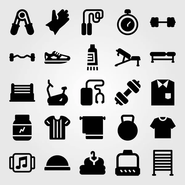 Fitness vector icon set. uitgevoerd, kettlebell, shirt en stationaire fiets — Stockvector