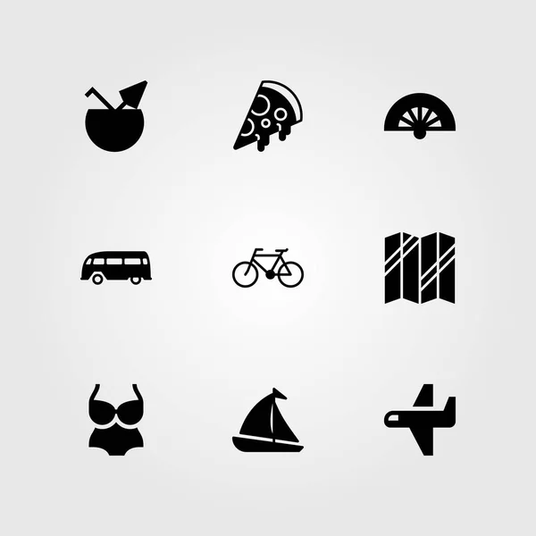 Summertime vector icon set. van, map, pizza and coconut — Stock Vector