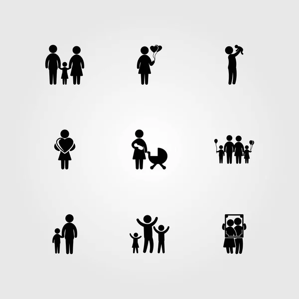 Menschen Icon Set Vektor. Vater mit Baby, Frau mit Herz, Vater und Mutter — Stockvektor