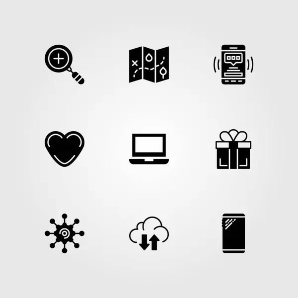 Set di icone vettoriali essenziali. smartphone, cuore, zoom in e trasferimento — Vettoriale Stock