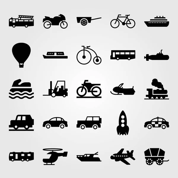 Conjunto de iconos de vector de transporte. submarino, bicicleta deportiva, coche y jeep — Vector de stock