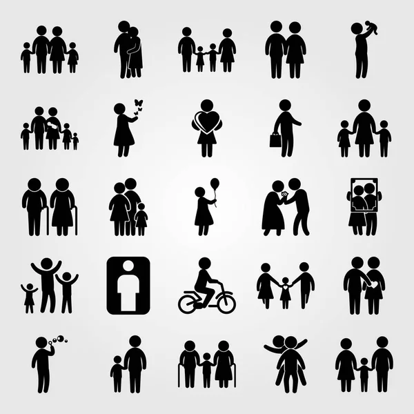 Humans icon set vector. woman, father, woman with heart and son — Stock Vector