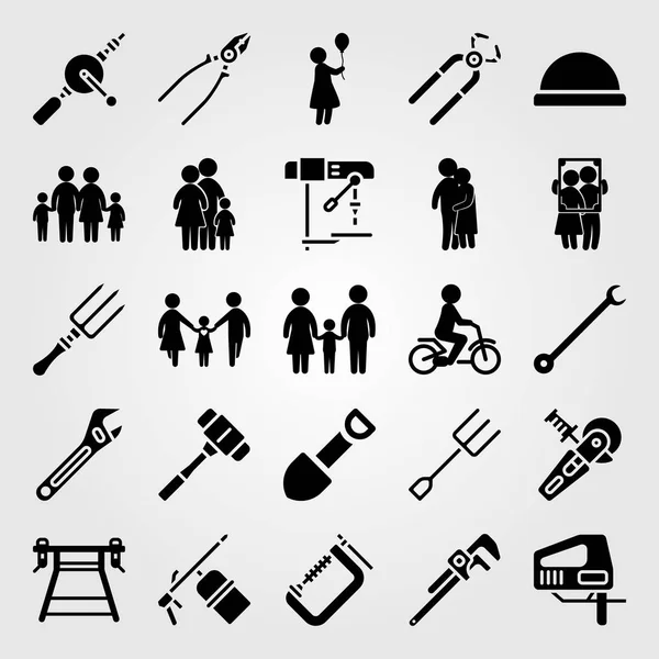 Tools icon set vector. child riding bike, power saw, mallet and hugging — Stock Vector
