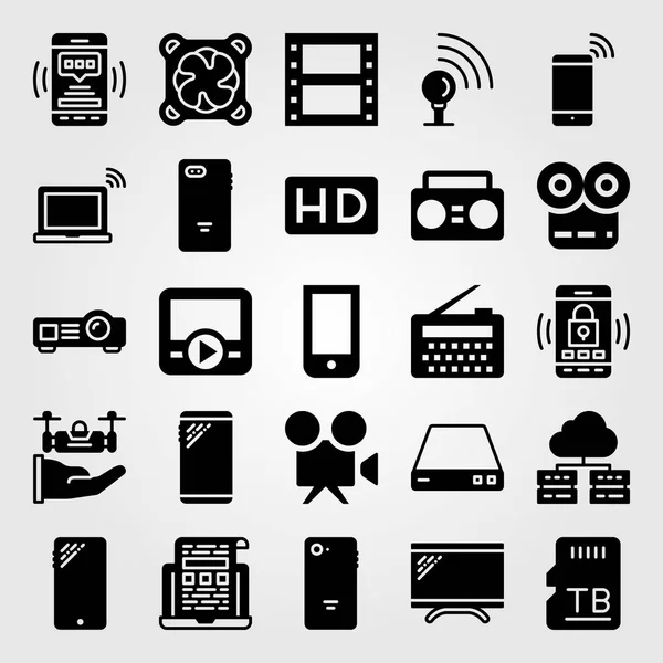 Conjunto de ícones vetoriais tecnológicos. rolo de filme, hd, drone e refrigerador — Vetor de Stock