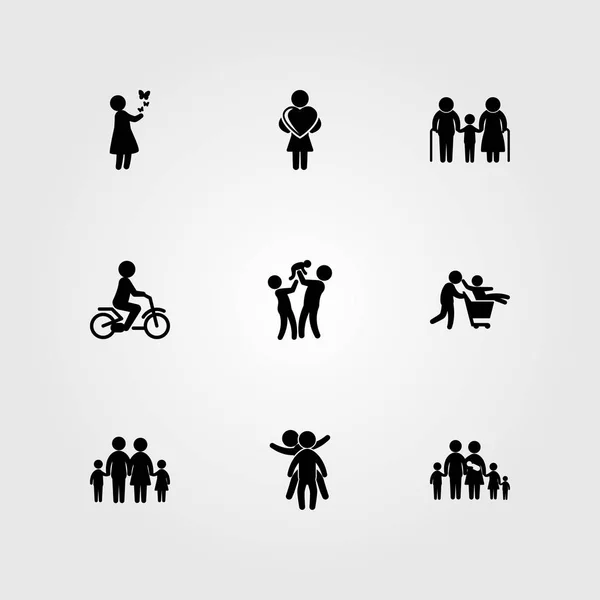 Menschen Icon Set Vektor. Mädchen mit Schmetterlingen, Großmutter, zwei spielenden Kindern und großer Familie — Stockvektor