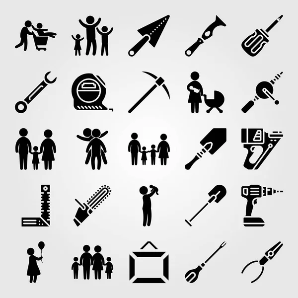 Tools icon set vector. woman, two childs playing, drill and scraper — Stock Vector