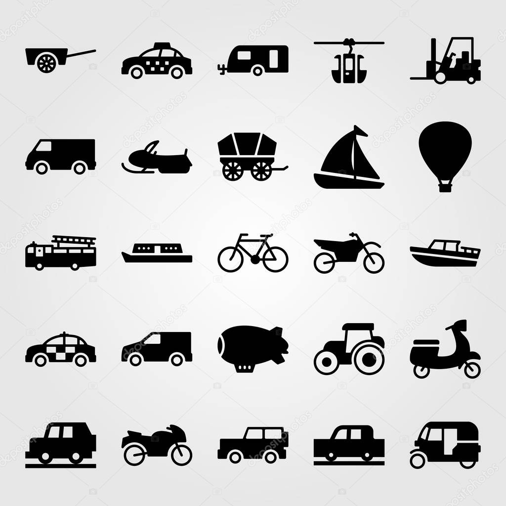 Transport vector icon set. taxi, caravan, sport bike and hot air balloon