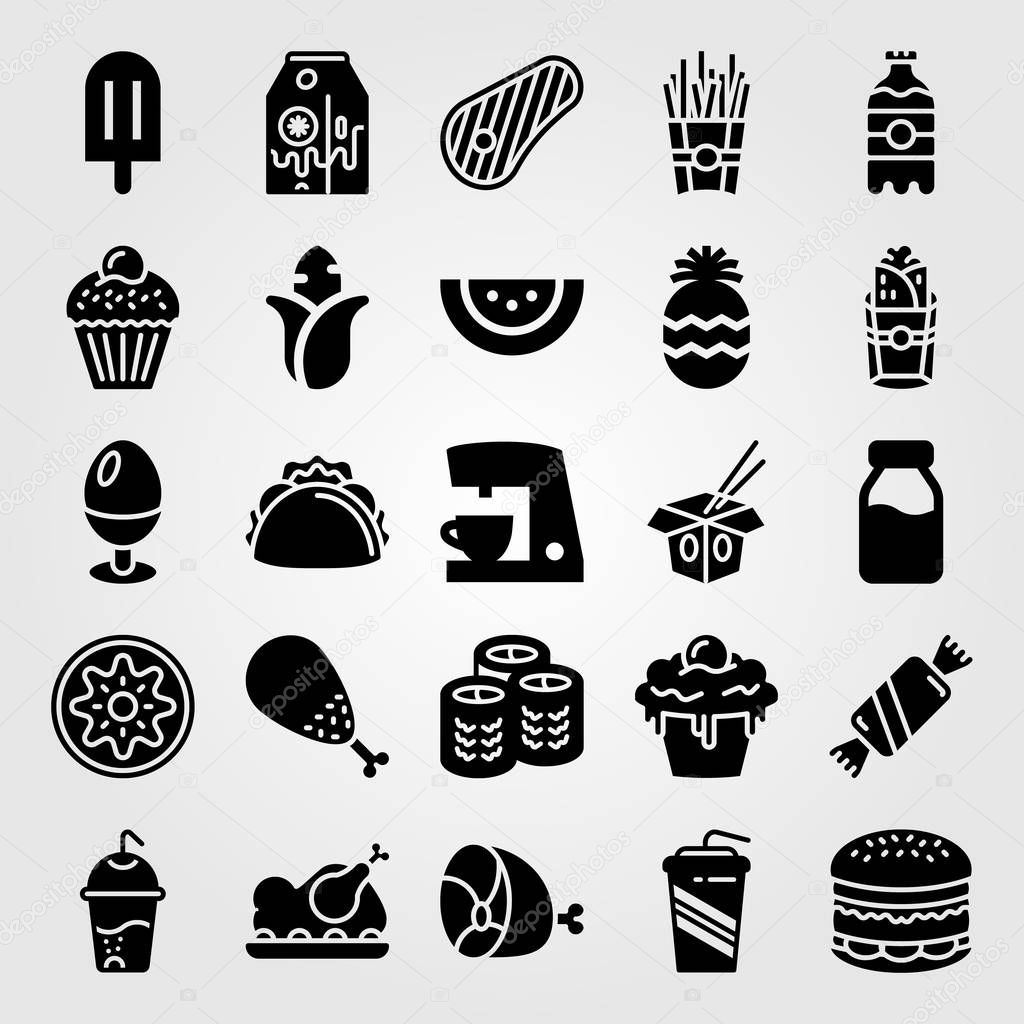 Food And Drinks vector icon set. corn, taco, steak and soda