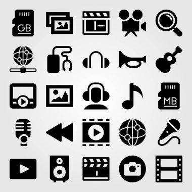 Multimedya vektör Icon set. gitar, resim, trompet ve Büyüteç
