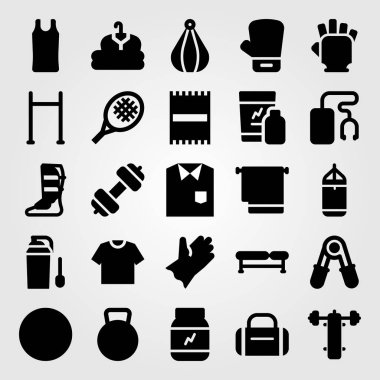 Fitness vektör Icon set. blok, protein, kumaş ve plaj havlusu