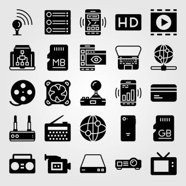 Teknoloji simge vektör ayarlayın. HD, dizüstü bilgisayar, bellek ve sd kart