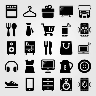 Alışveriş vektör Icon set. çatal bıçak takımı, fırın, düğme ve Hediyelik