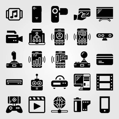 Teknoloji vektör Icon set. PC, web kamerası, oyun kumandası ve dizüstü