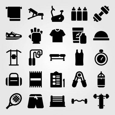 Fitness vektör Icon set. Delme bar, Mustafa, kiralama ve pantolon