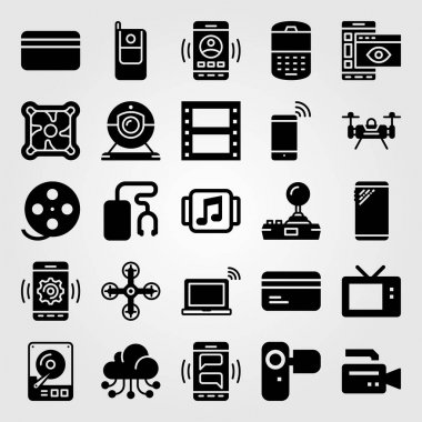 Teknoloji simge vektör ayarlayın. cep telefonu, web kamerası, hhd ve müzik oyuncu