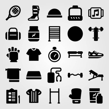 Fitness vektör Icon set. Boks eldiveni, sallar, Ayakkabı ve Mustafa