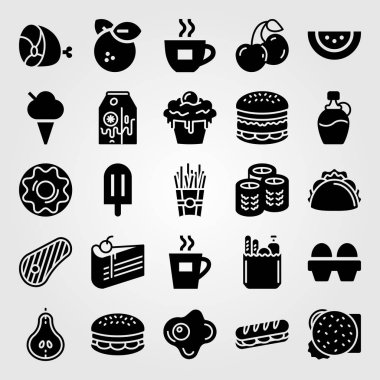 Yiyecek ve içecekler Icon set vektör. patates kızartması, cupcake, kızarmış yumurta ve çay