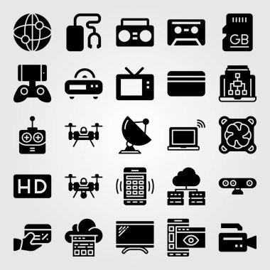 Teknoloji simge vektör ayarlayın. dron, video kamera, bulut bilgisayar ve dizüstü bilgisayar