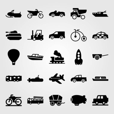 Ulaşım vektör Icon set. Motosiklet, kar arabası, uçak ve motosiklet