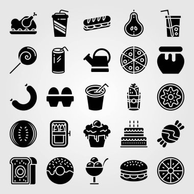 Yiyecek ve içecekler simge vektör ayarlayın. Pizza, soda, kızarmış tavuk ve burger
