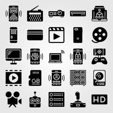 Teknoloji vektör Icon set. bellek, pc durumda, smartphone ve kredi kartı
