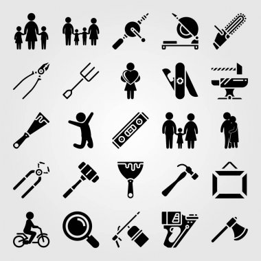 Araçlar simgesi vektör ayarlayın. Anne, Büyüteç, sevgi ve chainsaw