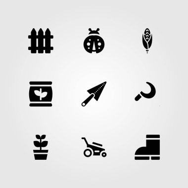 Bahçe vektör Icon set. Mısır, orak, mala ve çizmeler