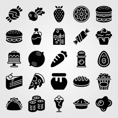 Yiyecek ve içecekler simge vektör ayarlayın. çilek, havuç, ekmek ve turp