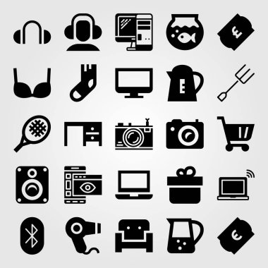 Alışveriş vektör Icon set. saç kurutma makinesi, balık yuvarlak kase, Bilet ve bilgisayar