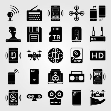 Teknoloji simge vektör ayarlayın. doskette, bellek, webcam ve yönlendirici