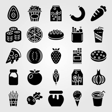 Yiyecek ve içecekler simge vektör ayarlayın. meşrubat, portakal suyu, süt şişesi ve turp