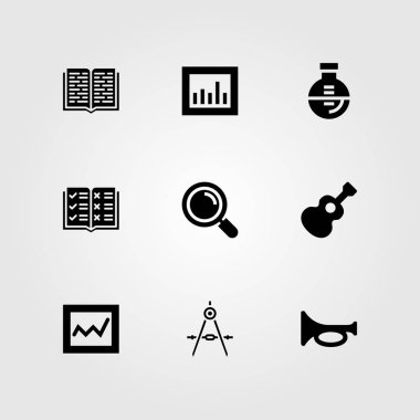 Eğitim vektör Icon set. gitar, analytics, pusula ve Büyüteç
