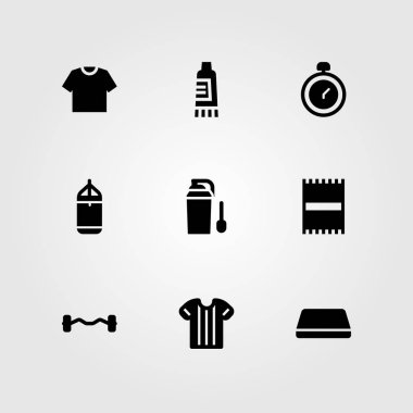 Fitness vektör Icon set. Delme, halter, mat ve havlu