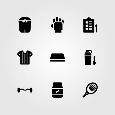 Fitness vektör Icon set. spor gömlek, halter, pazı dumbbell ve spor salonu eldiven