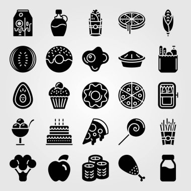 Yiyecek ve içecekler simge vektör ayarlayın. tavuk bacak, karpuz, avokado ve doğum günü pastası