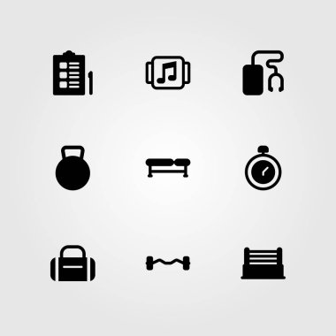 Fitness vektör Icon set. tezgah, pazı halter, denetim listesi ve halter