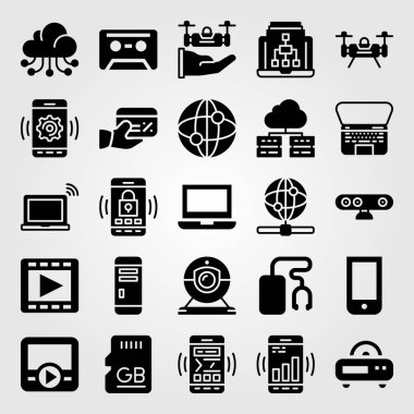 Teknoloji vektör Icon set. Internet, pc durumda, sd kart ve akıllı telefon