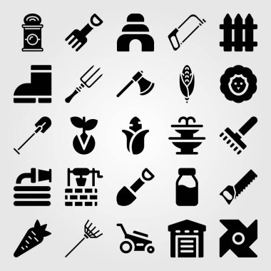 Bahçe simge vektör ayarlayın. Fırıldak, çatal, ambar ve süt şişesi