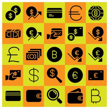 Para simge vektör ayarlayın. Doları para, Büyüteç, kredi kartı ve para