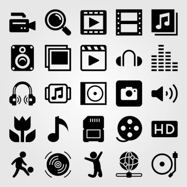 Multimedya vektör Icon set. müzik çalar, adam, Büyüteç ve bellek