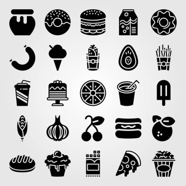 Yiyecek ve içecekler Icon set vektör. burito, ekmek, portakal ve Mısır