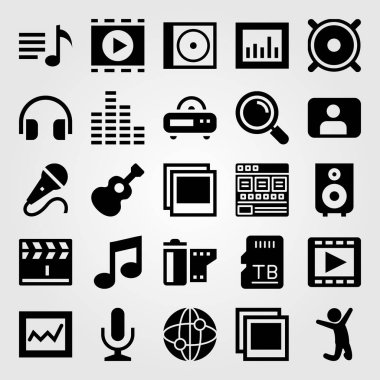 Multimedya vektör Icon set. Analytics, bellek, adam ve mikrofon