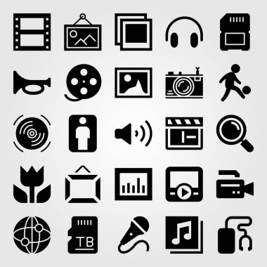 Multimedya vektör Icon set. çerçeve, kompakt disk, trompet ve Büyüteç