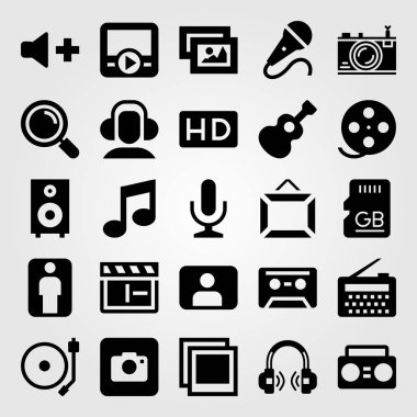 Multimedya vektör Icon set. Fotoğraf, Büyüteç, fotoğraf makinesi ve kulaklıklar