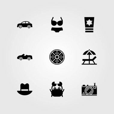 Yaz aylarında vektör Icon set. Spor, Araba, Yengeç, araba ve güneş şemsiyesi
