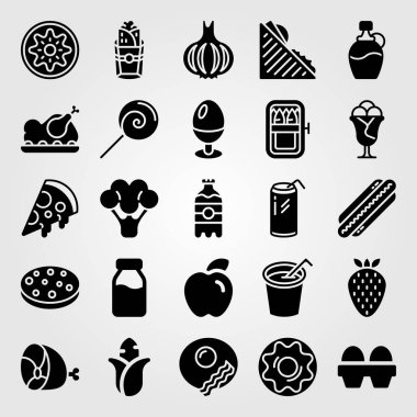 Yiyecek ve içecekler simge vektör ayarlayın. kivi, süt şişesi, kızarmış tavuk ve lolipop