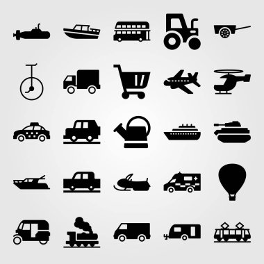 Ulaşım vektör Icon set. kamyon, tek tekerlekli sirk bisikletine, sulama olabilir ve yat